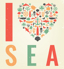 Sea icons and symbols set. Sea animals. Nautical design elements. Vector