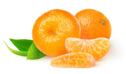 Isolated tangerines. Two whole tangerine or mandarin orange fruits and peeled segments isolated on...