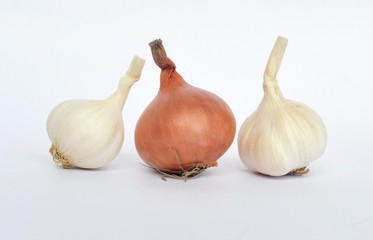 Fresh onion with garlic isolated on white background 