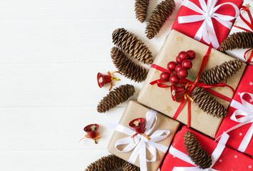 Festive decorated Christmas and New Year gifts.  Christmas white