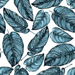 Tropical foliage seamless pattern. Colorful leaves of exotic Calathea Ornata plant, blue trend hues on white background. Handmade watercolor illustration.