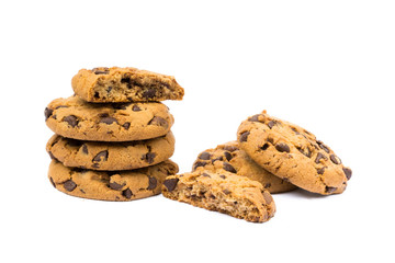 Cookies with chocolate pieces isolated on white background