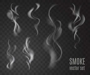Realistic transparent smoke set isolated on transparent background. Cigarette smoke collection. Vector illustration