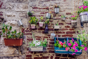 Old wall decorated with flowers in Italy