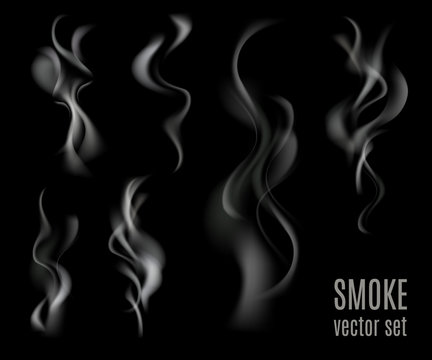 Realistic transparent smoke set isolated on black background. Cigarette smoke collection. Vector illustration