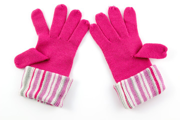 Knitted wool gloves isolated on white background. / New Pair of pink Knit Gloves  isolated on white background.