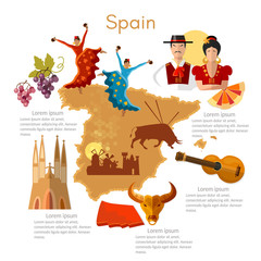 Spain infographics. sights, culture, spanish traditions, map, people. Template Spain elements