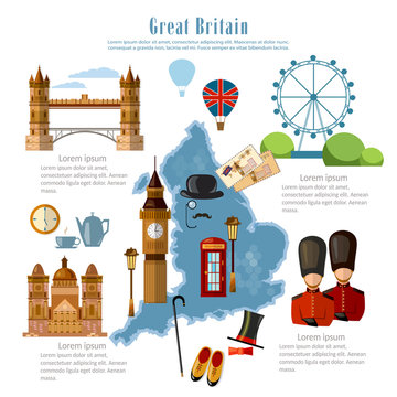Great Britain infographics. sights, culture, England traditions, map, people. Travel to Great Britain template elements