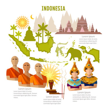Indonesia infographics. sights, culture, traditions, map, people. Indonesian template elements