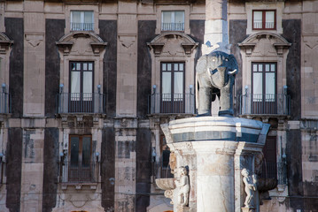 Night view of the famous lava stone statue of an elephant and its obelisk in the main square of Catania, Sicily