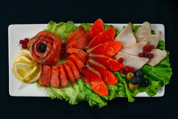 Salmon fish a piece on white plate and black background