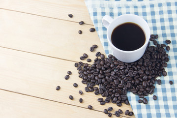 Top view angle of hot coffee on napkin white and blue. copy space