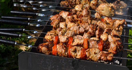 Grilled kebab cooking on metal skewer closeup. Roasted meat cooked at barbecue. Traditional eastern dish, shish kebab. Grill on charcoal and flame, picnic