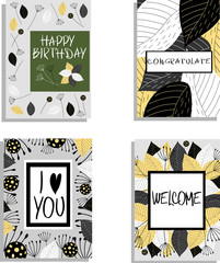 greeting cards. black and white leaves. set