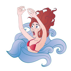 Screaming drowning in water woman. Aquaphobia. Vector illustration, isolated on white background.