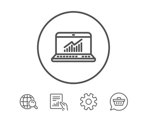 Fototapeta premium Data Analysis and Statistics line icon. Report graph or Chart sign. Computer data processing symbol. Hold Report, Service and Global search line signs. Shopping cart icon. Editable stroke. Vector