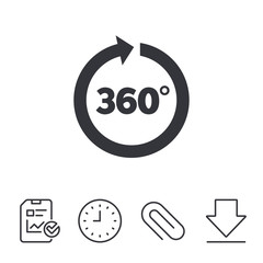 Angle 360 degrees sign icon. Geometry math symbol. Full rotation. Report, Time and Download line signs. Paper Clip linear icon. Vector
