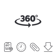 Angle 360 degrees sign icon. Geometry math symbol. Full rotation. Report, Time and Download line signs. Paper Clip linear icon. Vector