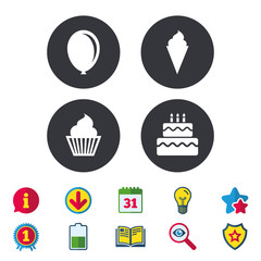 Birthday party icons. Cake with ice cream signs. Air balloon symbol. Calendar, Information and Download signs. Stars, Award and Book icons. Light bulb, Shield and Search. Vector