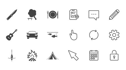 Hike trip, camping icons. Fishing, campfire and tourist tent signs. Guitar music, knife and food symbols. Chat, Report and Calendar line signs. Service, Pencil and Locker icons. Vector