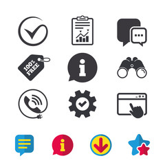 Check or Tick icon. Phone call and Information signs. Support communication chat bubble symbol. Browser window, Report and Service signs. Binoculars, Information and Download icons. Stars and Chat