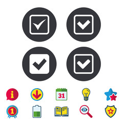Check icons. Checkbox confirm squares sign symbols. Calendar, Information and Download signs. Stars, Award and Book icons. Light bulb, Shield and Search. Vector
