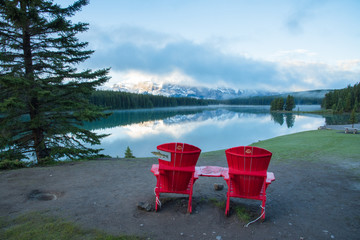 Canada 150 andrionac chairs placed by Parks Canada at Two Jack Lake in Banff National park to...