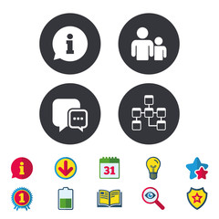 Information sign. Group of people and database symbols. Chat speech bubbles sign. Communication icons. Calendar, Information and Download signs. Stars, Award and Book icons. Vector