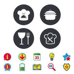 Chief hat and cooking pan icons. Crosswise fork and knife signs. Boil or stew food symbols. Calendar, Information and Download signs. Stars, Award and Book icons. Light bulb, Shield and Search. Vector