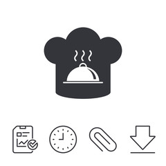 Chef hat sign icon. Cooking symbol. Cooks hat with hot dish. Report, Time and Download line signs. Paper Clip linear icon. Vector