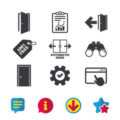 Automatic door icon. Emergency exit with arrow symbols. Fire exit signs. Browser window, Report and Service signs. Binoculars, Information and Download icons. Stars and Chat. Vector