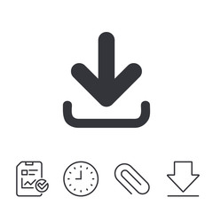 Download icon. Upload button. Load symbol. Report, Time and Download line signs. Paper Clip linear icon. Vector