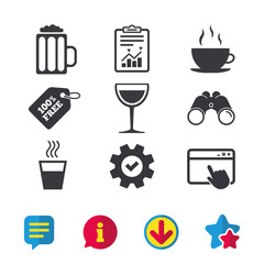 Drinks icons. Coffee cup and glass of beer symbols. Wine glass sign. Browser window, Report and Service signs. Binoculars, Information and Download icons. Stars and Chat. Vector