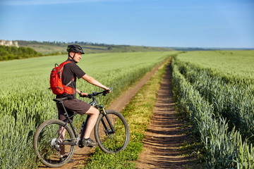 Obraz premium Attractive cyclist standing with mountain bicycle in field with blue sky on a background.