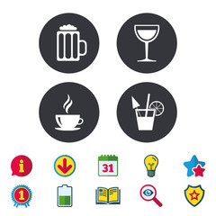 Drinks icons. Coffee cup and glass of beer symbols. Wine glass and cocktail signs. Calendar, Information and Download signs. Stars, Award and Book icons. Light bulb, Shield and Search. Vector