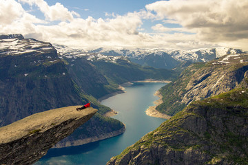 People in nature at Trolltunga (Troll's Tongue) in Norway