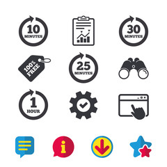 Every 10, 25, 30 minutes and 1 hour icons. Full rotation arrow symbols. Iterative process signs. Browser window, Report and Service signs. Binoculars, Information and Download icons. Stars and Chat