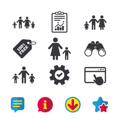 Family with two children icon. Parents and kids symbols. One-parent family signs. Mother and father divorce. Browser window, Report and Service signs. Binoculars, Information and Download icons