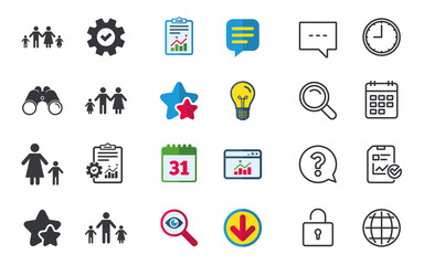 Family with two children icon. Parents and kids symbols. One-parent family signs. Mother and father divorce. Chat, Report and Calendar signs. Stars, Statistics and Download icons. Vector