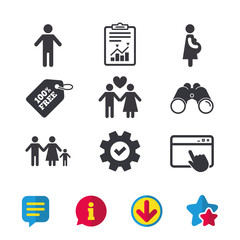 Family lifetime icons. Couple love, pregnancy and birth of a child symbols. Human male person sign. Browser window, Report and Service signs. Binoculars, Information and Download icons. Stars and Chat