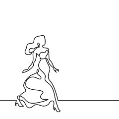Moving woman in fashion dress. Continuous line drawing vector illustration