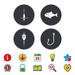 Fishing icons. Fish with fishermen hook sign. Float bobber symbol. Calendar, Information and Download signs. Stars, Award and Book icons. Light bulb, Shield and Search. Vector