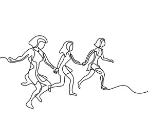 Running girls have joy in summer time. Continuous line drawing. Vector illustration on white background