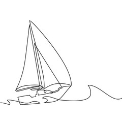 Continuous line drawing of sailboat in big waves of sea. Business icon. Vector illustration