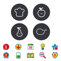 Food icons. Apple and Pear fruits with leaf symbol. Chicken hen bird meat sign. Chef hat icons. Calendar, Information and Download signs. Stars, Award and Book icons. Light bulb, Shield and Search