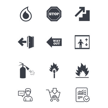Fire safety, emergency icons. Fire extinguisher, exit and stop signs. Elevator, water drop and match symbols. Customer service, Shopping cart and Report line signs. Online shopping and Statistics