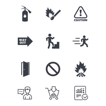Fire safety, emergency icons. Fire extinguisher, exit and attention signs. Caution, water drop and way out symbols. Customer service, Shopping cart and Report line signs. Vector