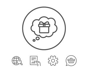 Dreaming of Gift line icon. Present box in Comic speech bubble sign. Birthday Shopping symbol. Package in Gift Wrap. Hold Report, Service and Global search line signs. Shopping cart icon. Vector