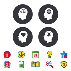 Head with brain and idea lamp bulb icons. Male human think symbols. Cogwheel gears signs. Love heart. Calendar, Information and Download signs. Stars, Award and Book icons. Vector