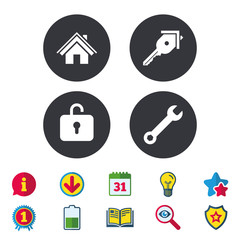 Home key icon. Wrench service tool symbol. Locker sign. Main page web navigation. Calendar, Information and Download signs. Stars, Award and Book icons. Light bulb, Shield and Search. Vector